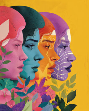 Multicultural women profiles with vibrant colors and leaf patterns