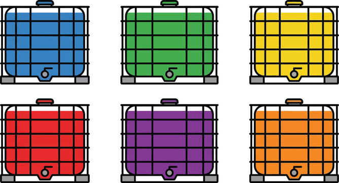 Set of colorful Intermediate Bulk Containers IBCs flat vector illustration representing industrial liquid storage and transport isolated on white background