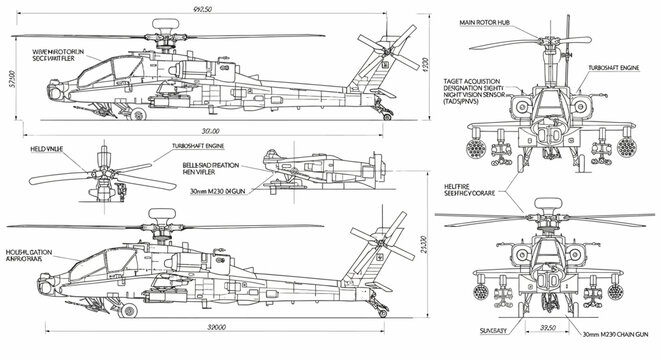 Detailed engineering blueprint illustrating the design and dimensions of a combat helicopter, showcasing various structural elements and operational specifications