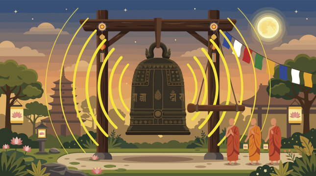Buddhist monks ringing a large temple bell at night.