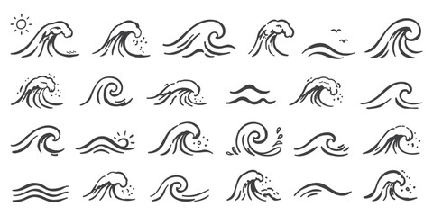 hand drawn set of crayon wave in motion, created in vector hand drawn chalk for sea travel projects, nature posters, beach decor, coastal surf themes, tropical minimalist illustrations © Daishin