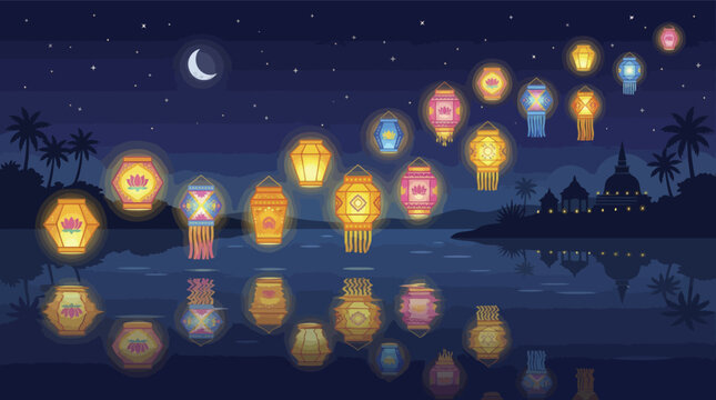 Floating lanterns illuminate the night sky and water.