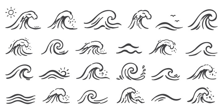 hand drawn set of crayon wave in motion, created in vector hand drawn chalk for sea travel projects, nature posters, beach decor, coastal surf themes, tropical minimalist illustrations