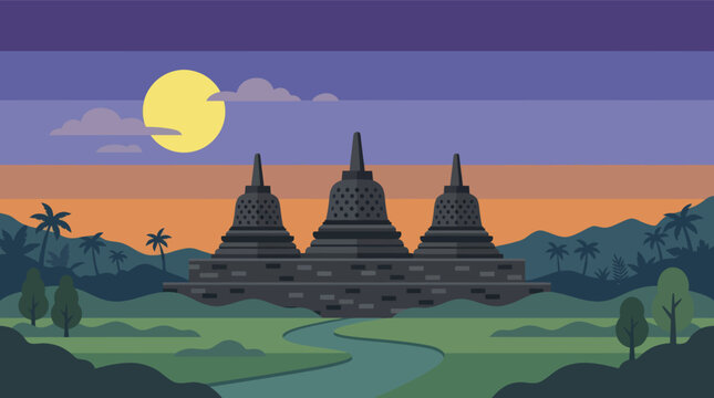 Ancient Borobudur Temple complex under a full moon at dusk.