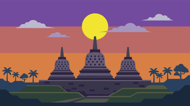 Ancient Borobudur Temple Complex at Sunset.