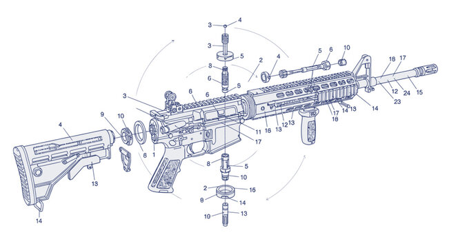 Detailed technical illustration of a disassembled automatic firearm, showcasing its internal components and assembly in a blueprint style diagram