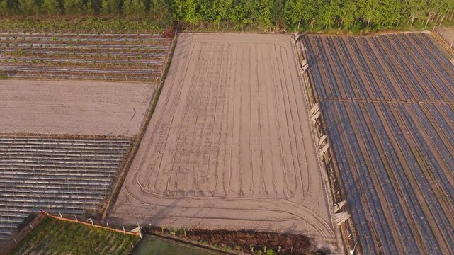 Aerial drone view of cultivated farmland and plowed agricultural soil texture pattern