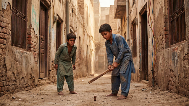 Two Young Pakistani Boys Playing Gulli Danda Street Game in Dusty Lahore Alley
