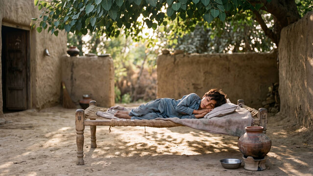 Poor Pakistani Boy Sleeping Peacefully on Charpai Under Large Tree in Village Courtyard in Dappled Light