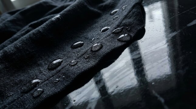 Close-up of water droplets beading on a dark waterproof fabric surface, demonstrating the hydrophobic properties of technical outdoor gear.