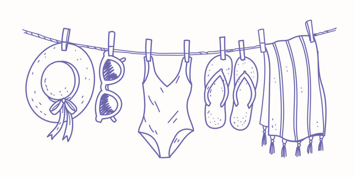 hand drawn set of Summer beach accessories dried on a rope. Straw hat, woman one piece swimsuit and blanket hanged wet with clothespins. Summer theme vector illustration in ink doodle hand drawn line 