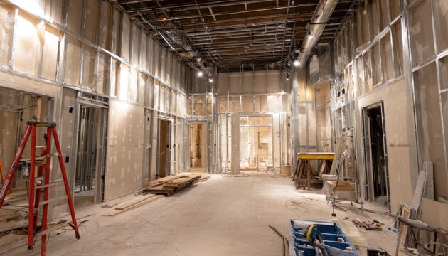 Interior framework of a building under construction with exposed wooden studs and metal supports, unfinished walls, and construction tools and materials scattered around