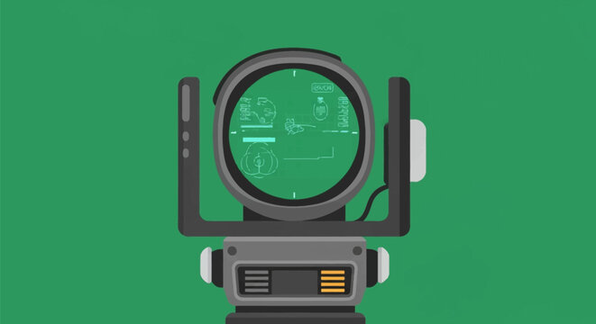 Vector illustration of a digital military targeting HUD system featuring a circular optical scope with a green grid display, technical interface elements, and data readouts.