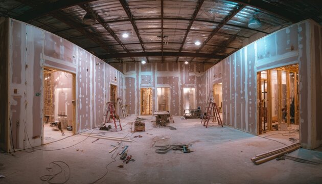 Interior of a construction site with wooden framework and partially installed doors in a large room