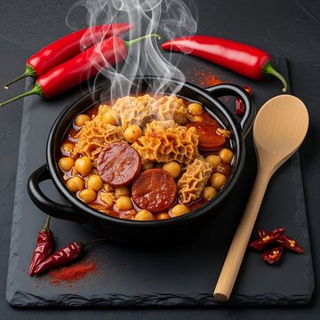 A steaming bowl of Callos a la Madrile�a (tripe stew) with chickpeas, chorizo, and paprika. The dish is placed on a dark slate surface with a side of spicy red peppers and a wooden spoon., 1:1 ratio.