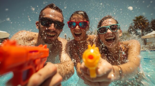 76.Friends having fun in a swimming pool shooting water pistols at each other, playful expressions, sparkling water droplets, warm sunlight, summer holiday lifestyle scene, natural candid composition