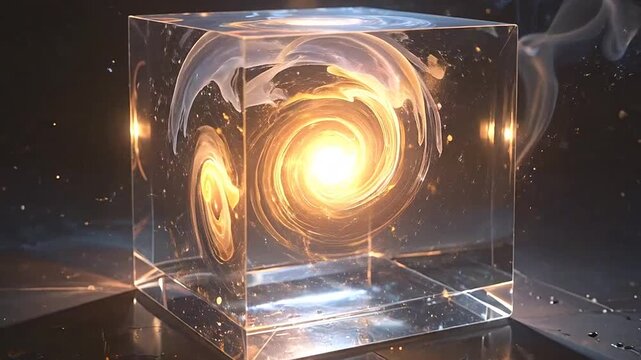 A glowing golden spiral trapped inside a clear glass cube