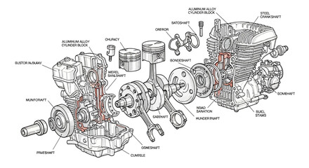 Obraz premium Exploded view illustration of a motorcycle engine's internal components and their mechanical assembly