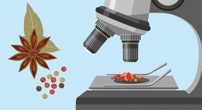 Vector illustration of a professional laboratory microscope analyzing peppercorns on a glass slide, with star anise and dried bay leaves on the side for food science research.