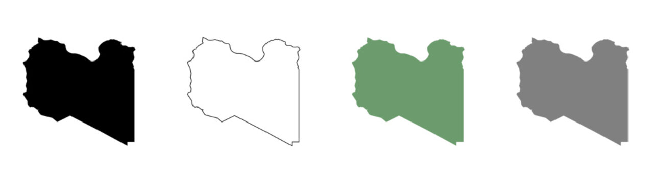 Libya map silhouette collection featuring black solid, white filled with outline, green, and gray vector designs