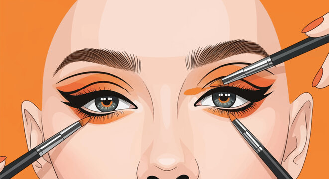 Vector illustration showing a close-up of a face with bold orange and black eye makeup, featuring three professional brushes applying eyeshadow and liner on a plain orange backdrop.
