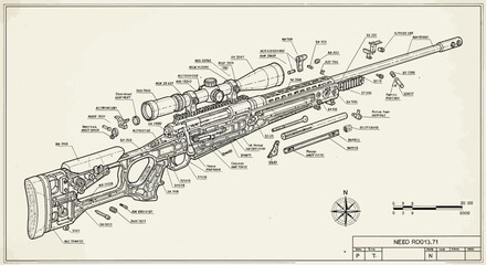 Fototapeta premium Detailed engineering blueprint diagram of a sniper rifle with exploded view and component labels, showcasing mechanical intricacies and design elements