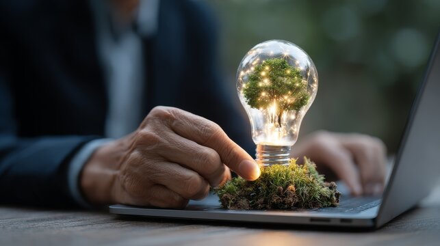 85.Concept = ESG environment concept. Businessman holding light bulb starting from a new idea and using a laptop computer for investment with vitual ESG environmental icon. business strategy investing