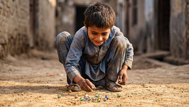 Young Pakistani Boy Intently Playing Goti Marbles on Dusty Ground in Poor Neighborhood at Golden Hour