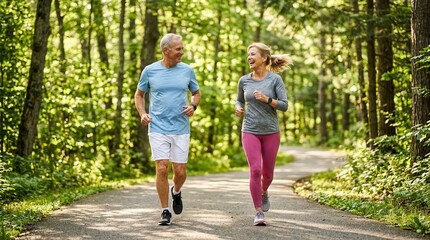 Active and healthy aged couple running through a natural forest environment on a summer morning.