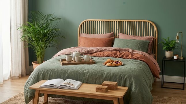 Modern bedroom interior design featuring a bamboo bed and eucalyptus green wall.