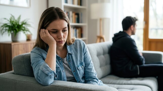 A disappointed couple ignoring each other after a heated argument in a living room.