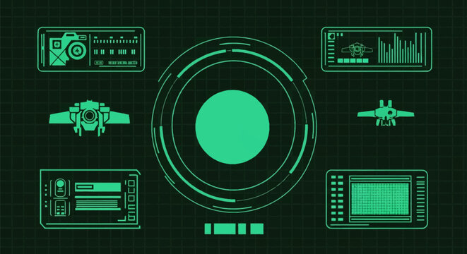 Green Sci-Fi Heads-Up Display HUD Interface Featuring Central Circular Radar Targeting System Data Panels Spacecraft Icons Digital Bar Charts and Telemetry on Grid Background