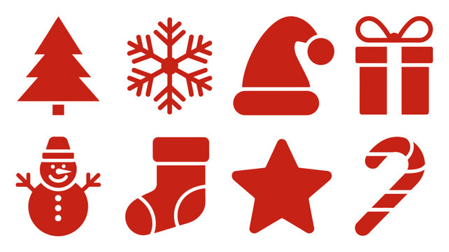 Set of red christmas icons with tree snowflake santa hat gift box snowman and stocking