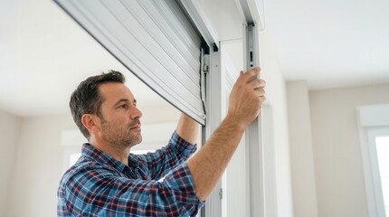 Fototapeta premium Professional man fitting a new roller shutter over a doorframe.