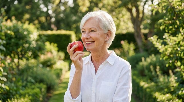 A mature smiling woman holding a fresh red apple in a garden.