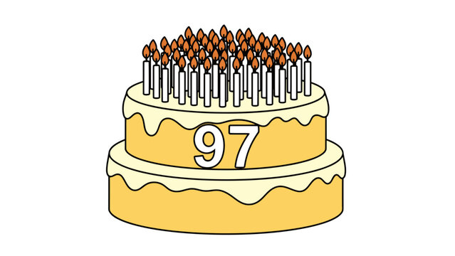 Two Tier Birthday Cake Illustration with 97 Candles and Number 97 for Celebration and Anniversary