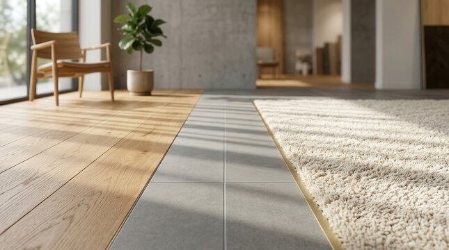 Various flooring materials featuring a transition from wood to tile and carpet.
