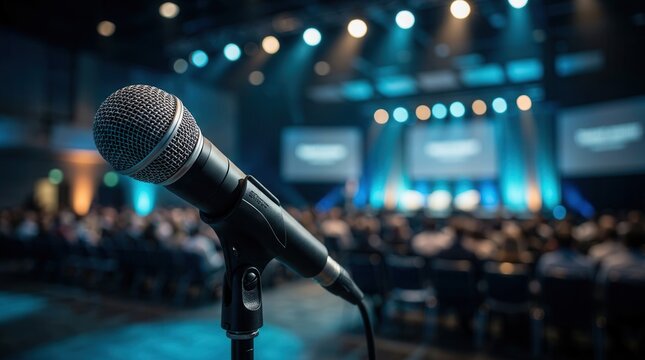 Close-up of a professional microphone on a stand during a live event with a blurred audience.