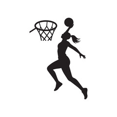 Silhouette of a Female Basketball Player Jumping to Score a Layup Dunk. © shahariea