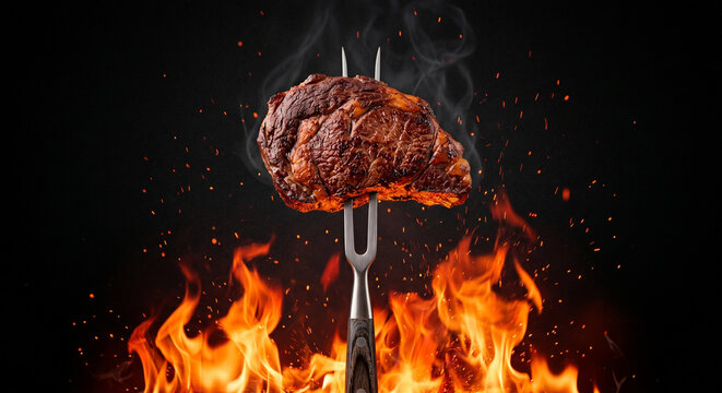 Grilled steak on a fork with flames. Delicious meat cooked on the grill. Barbecue concept.
