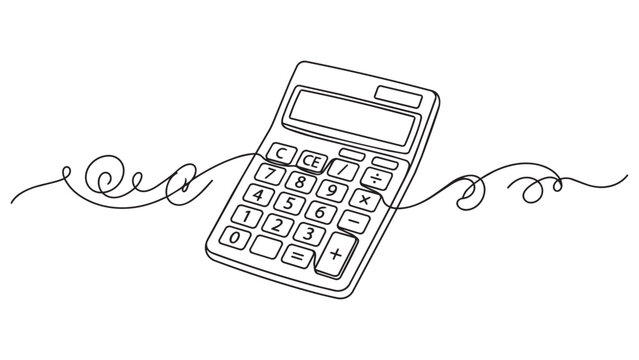 Minimalist continuous line art drawing of a electronic calculator isolated on white background depicting financial precision and mathematical conceptual accounting