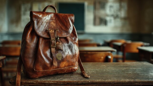 Leather backpack placed on a wooden desk in an empty classroom setting