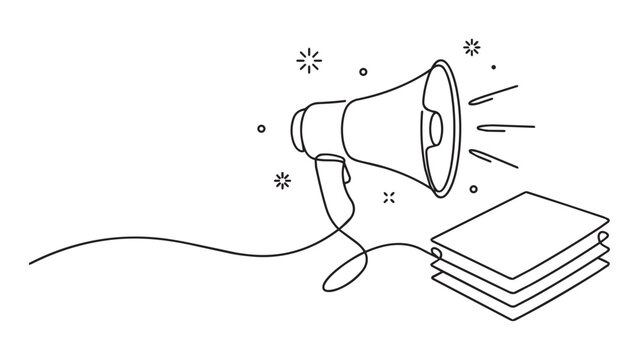 Minimalist continuous line art drawing of a megaphone broadcasting news with a stack of papers represented as a vector illustration isolated on a clean white background