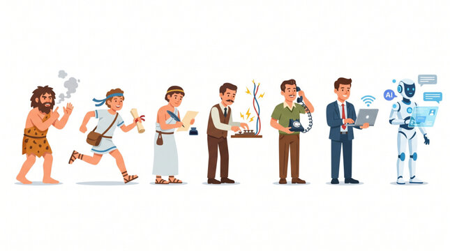 History of human communication and technology evolution cartoon character set. From caveman smoke signals, ancient runner, scribe, telegraphy, telephone, laptop to AI robot. Flat design vector.