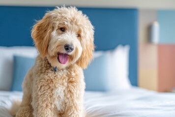 Plakat Light brown and golden curly-coated doodle dog sitting cheerfully on a bed with soft blue and white bedding