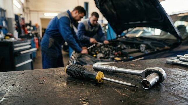 Close-up of professional auto mechanic tools on a workbench with blurred technicians.