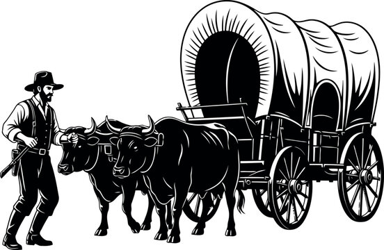 Historical illustration of pioneer man guiding oxen pulling covered wagon journey