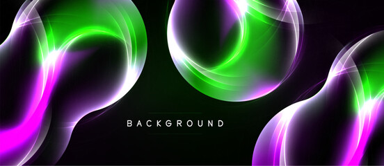 Abstract neon shapes, vibrant green, purple hues. Dynamic flow, dark background creates striking visual impact. Modern design element. © antishock