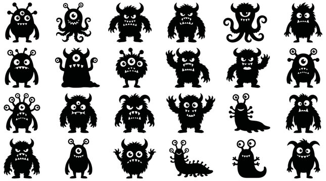 A collection of diverse silhouette monster illustrations, featuring a variety of creepy and cute creatures perfect for creative projects