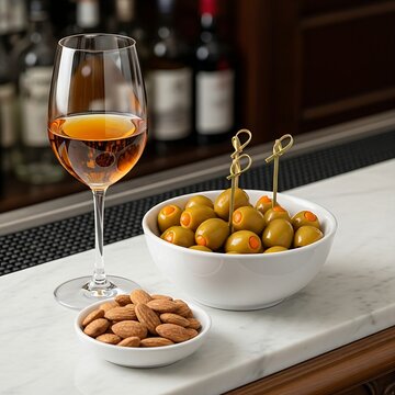 A stylish Aperitivo scene: a glass of dry Fino Sherry next to a bowl of Aceitunas Gordal (large olives) stuffed with orange. A small dish of Marcona almonds is also present on a polished marble bar to